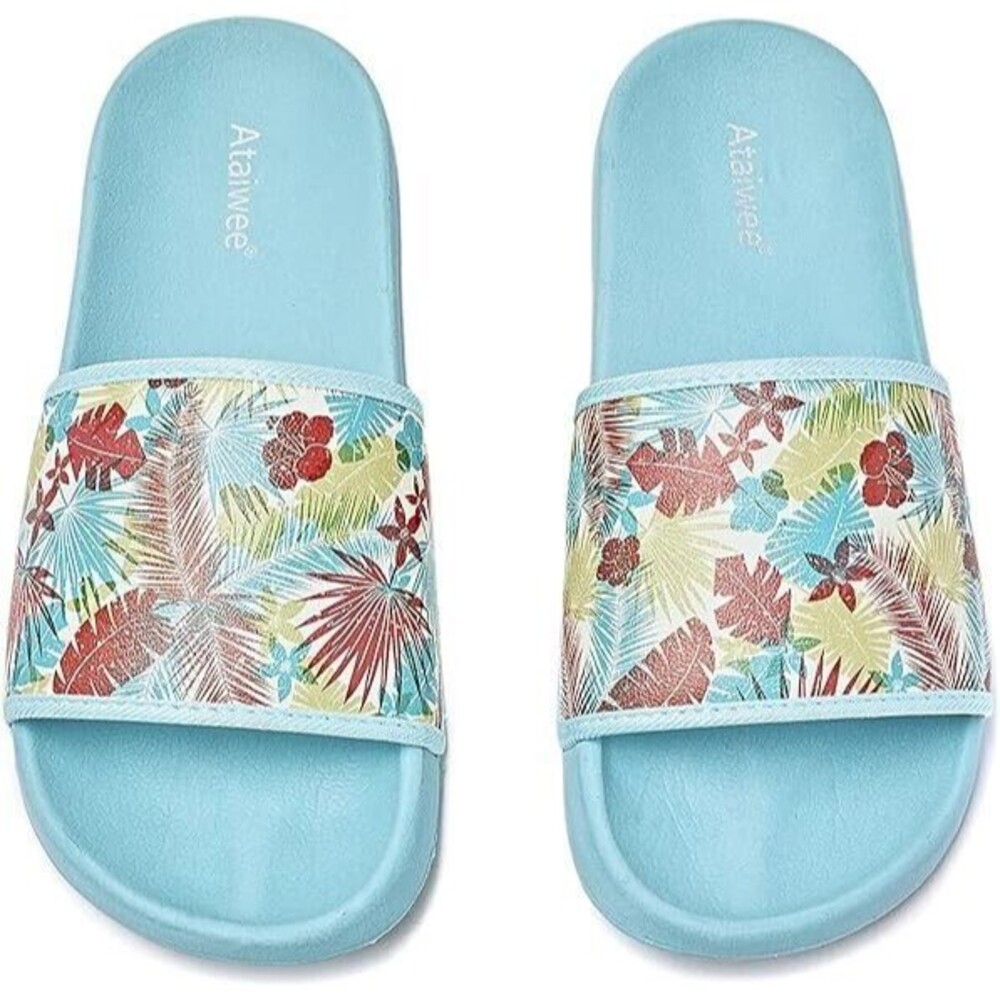 NEW Beach Slides Sandals Size 10 Sunset Palm Tree Blue Slip On Comfort Unisex - Picture 14 of 16
